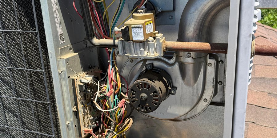 HVAC technician servicing an open rooftop unit — Air Haven